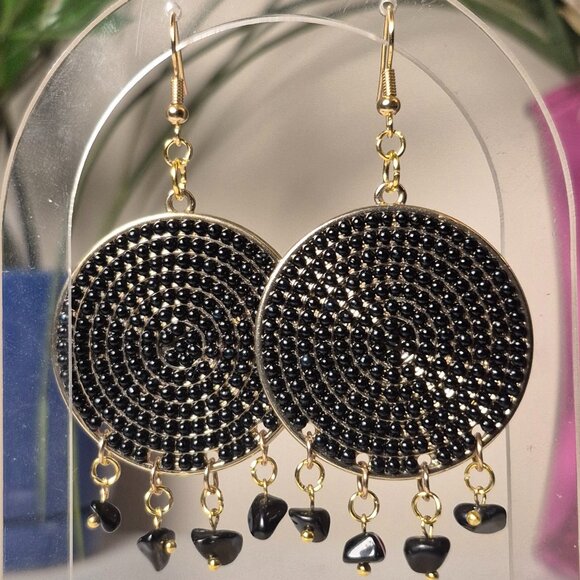 Upcycled Black & Gold Hoops w/ Black Agate and 18K Fishhook Earrings - Picture 1 of 5
